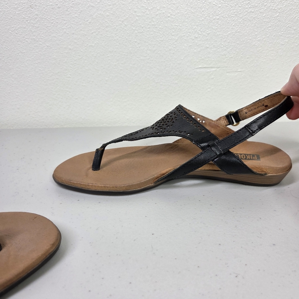 Pikolinos Black and Tan Women's Thong Sandals Lazer Cut-out - Picture 13 of 16